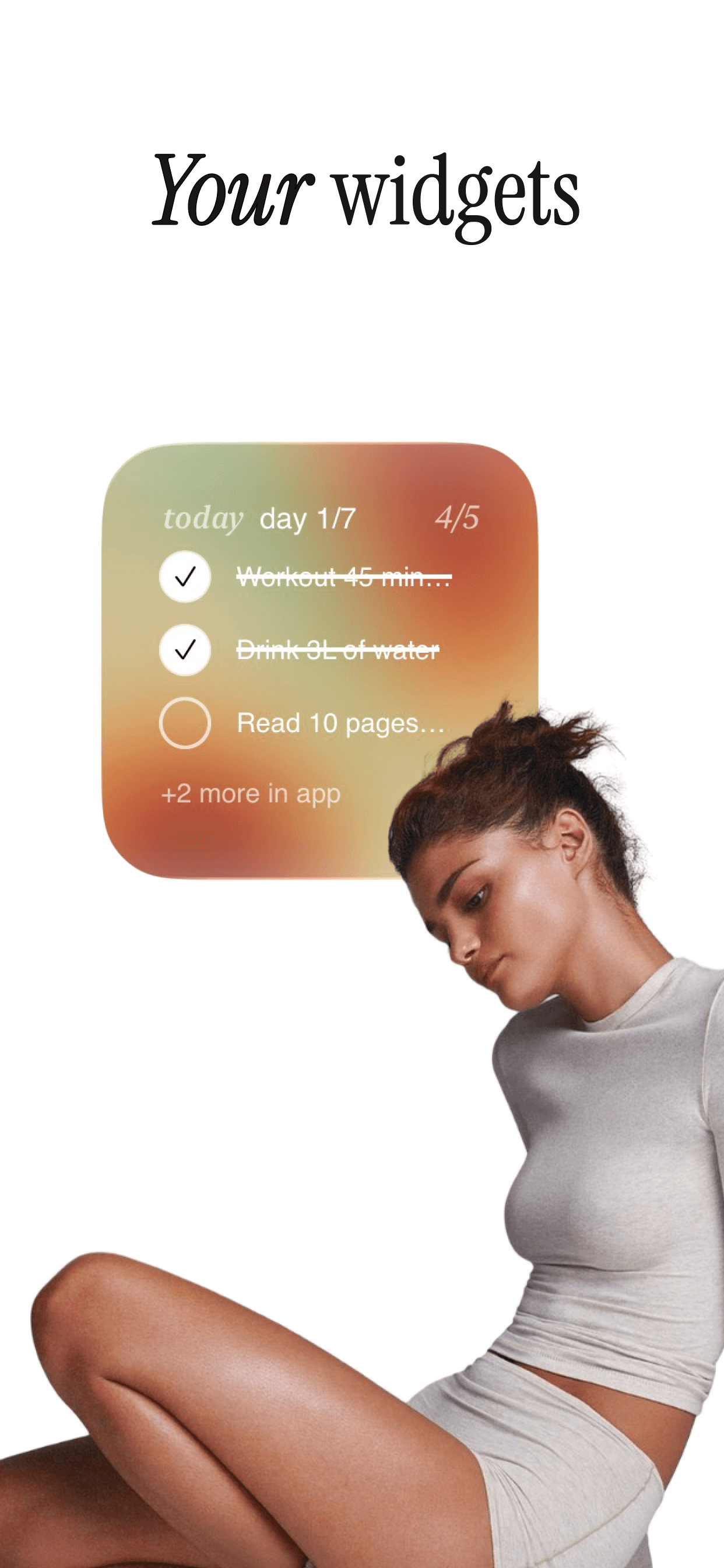 Your widgets — home-screen widget previewing today's tasks with crossed-off completions, on a soft gradient.