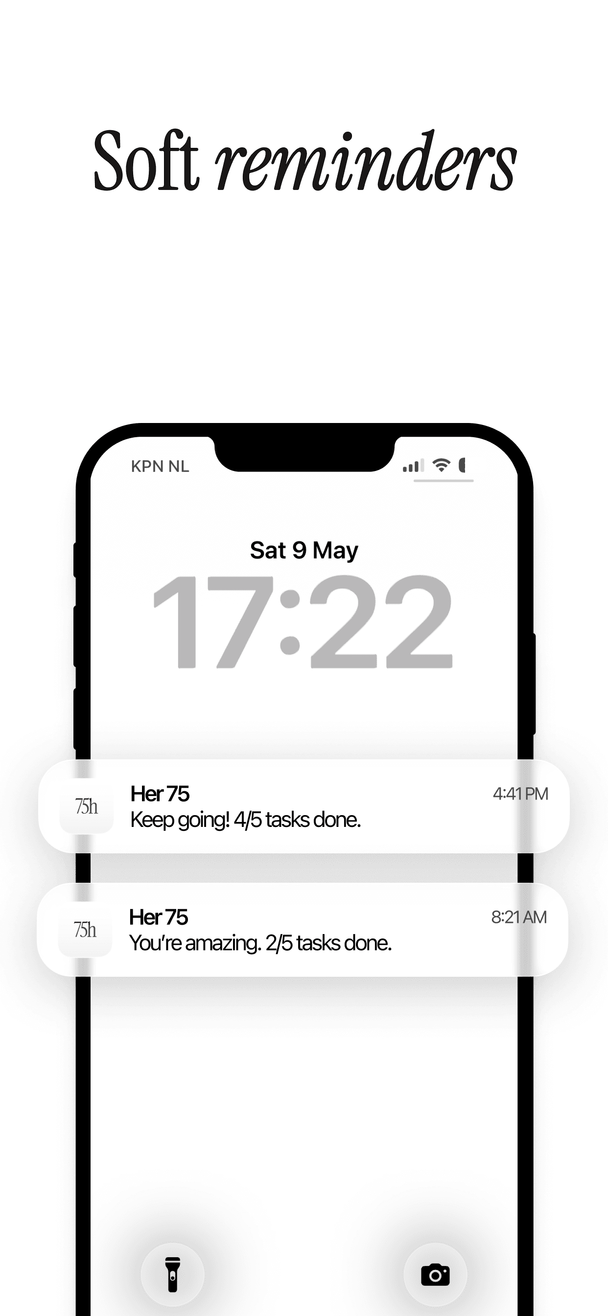 Soft reminders — iPhone lock screen with two friendly Her 75 notifications about today's task progress.